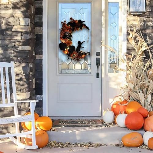 Halloween Wreath with Lights, Crescent Moon Cat Wreath for Door