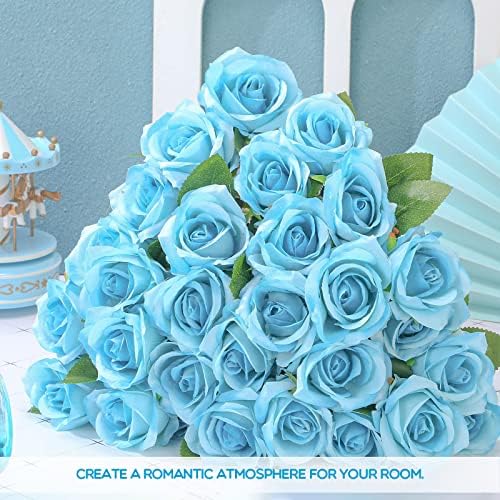 Jexine 100 Pcs Artificial Roses Flowers Bulk, Light Blue