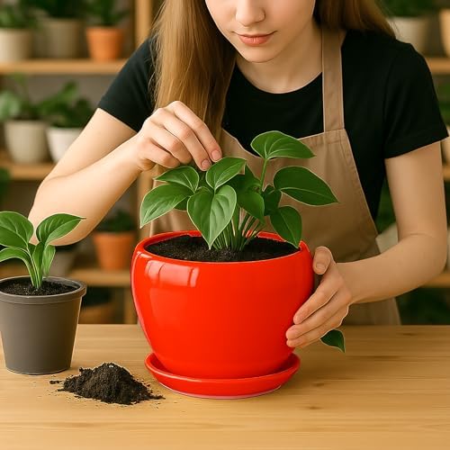 Deep Dream 8 Inch Plant Pots- Ceramic Pots for Plants with Drainage Hole and Saucer, Large Planter Pot for Indoor Plants Outdoor Decor, Red