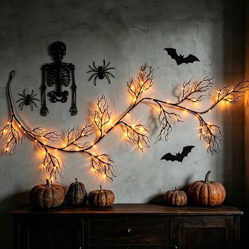 HipTree 6FT Halloween Lighted Black Vine Garland Orange Purple Lights