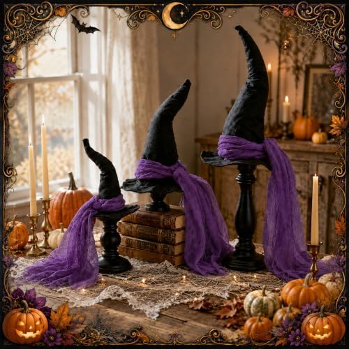 3 Pcs 3 Size Halloween Witch Hat Table Centerpiece with Purple Gauze Ribbon