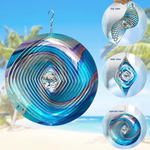 FONMY Mandala Wind Spinner w/Crystal Ball 3D Stainless Steel Hanging Wind Spinner Worth Gift Christmas Decoration Indoor/Outdoor Garden Décor Kinetic Yard Art 12 Inches Multi Blue Wind Sculpture
