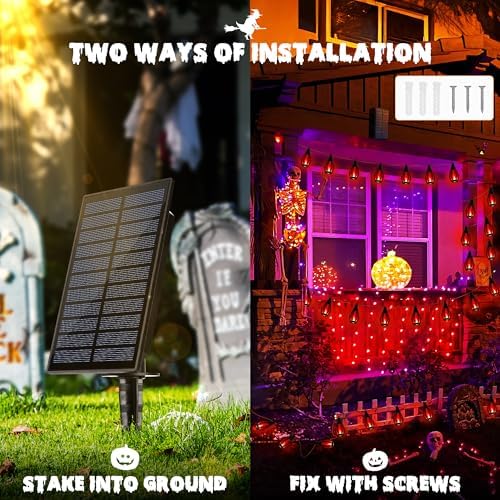 iBaycon 42FT 15 LED Solar Flame Halloween String Lights Outdoor, Red