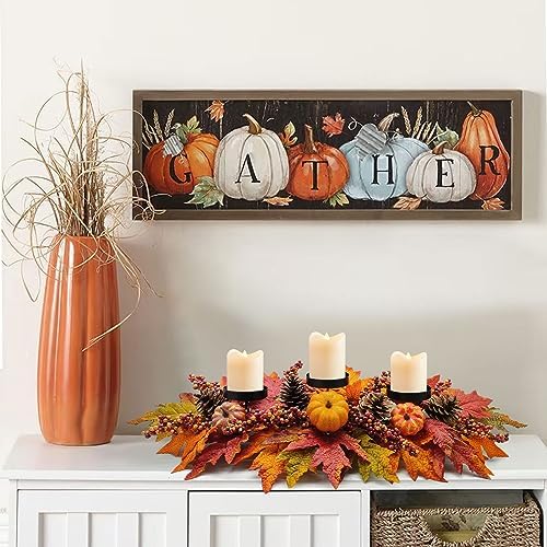 Thanksgiving Centerpiece Fall Table Decorations, Artificial Pumpkins, Pine Cones, Maple Leaves and Berries, Harvest Table Candle Holder for Dinning Table, Fireplace Mantel (Candle Not Included)