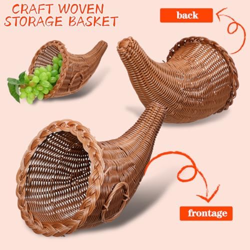 Kichvoe Small Cornucopia Basket: Handmade Grapevine Harvest Basket Rattan Fall Christmas Storage Container, Decorative Wicker Fruit Bread Serving Table Decor