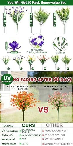 20 Bundles Artificial Flowers for Outdoors, Summer Spring Grass Camellia