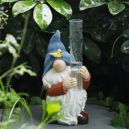 FORUP Resin Gnome Rain Gauge, Hand Painted Gnome Statue with Plastic Rain Gauge