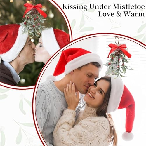 Christmas Artificial Mistletoe Ornament with Red Bow Snowy Red Berries Christmas Hanging Mistletoe Decorations Bouquet Floral Natural Pine Cones Holiday Decoration Ornament Bouquet