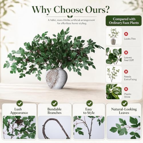 HyeFlora Artificial Cimicifuga Plant Leaf Spray Stems 4PCS Fake Greenery Branches 28.7 in Faux Leaves Real Touch Silk Plants DIY Stem for Vase Festival Home Kitchen Garden Party Farmhouse Decor