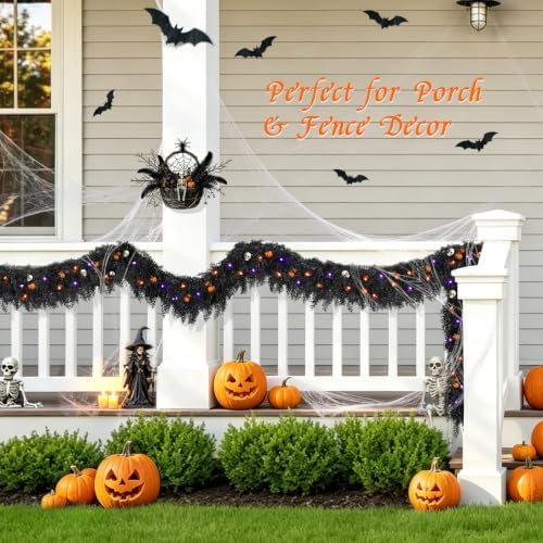 9ft Black Halloween Cedar Garland for Mantle, Soft Touch with Purple Lights