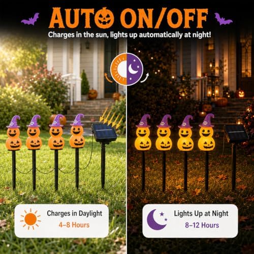 Halloween Decorations Solar Garden Lights, 4pcs Magic Hat Pumpkin Path Lights with 8 Lighting Modes, Waterproof Yard Light, LED Santa Claus Gift for Yard Path Decor (Orange - Pumpkin)