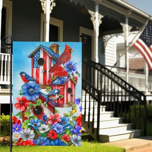 Summer Cardinal Bird Flower Garden Flag Patriotic Floral Yard Flags American Memorial Day 4th of July Flags Double Sided Rustic Farmhouse Garden Yard Seasonal Holiday Outdoor Decor 12×18 Inch