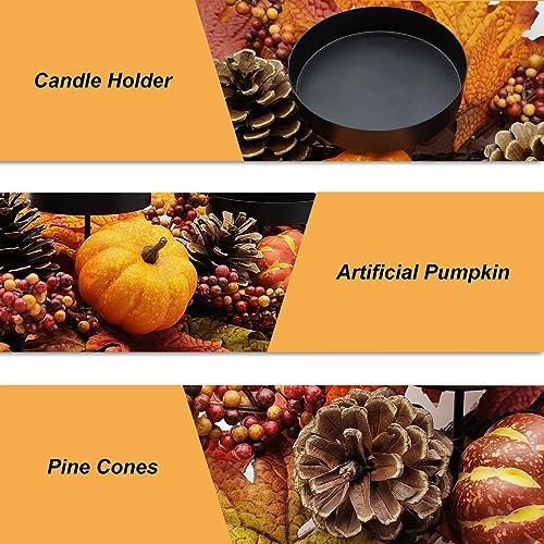 Fall Centerpiece Table Decorations, 27.5'' L Assorted Artificial Pumpkins, Pine Cones, Berries, and Autumn Leaves Harvest Table Candle Holder for Dinning Table, Fireplace Mantel (Candle Not Included)