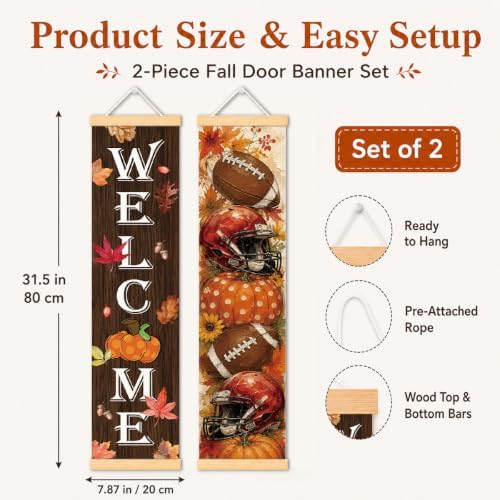 Welcome Fall Door Banner Set of 2, Pumpkin Porch Decor with Football Accent