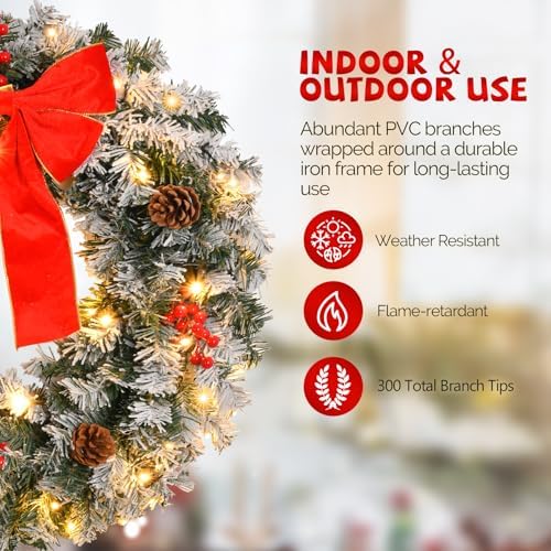 VINGLI 36" Prelit Christmas Wreath, Plug-in Artificial Wreath with 100 LED Lights & 300 Tips for Indoor Door/Window