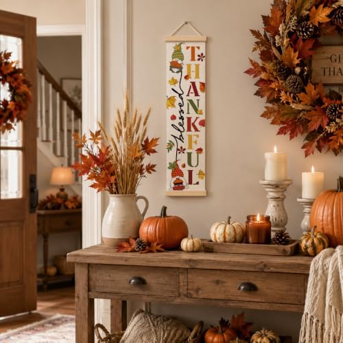 Fall Door Decor Banner, Thankful Gnome Canvas Hanging Banner for Porch