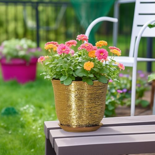 Ceramic Plant Pots - 8 Inch Plant Pot with Drainage Hole and Saucer, Round Planter for Indoor Outdoor, Modern Flower Pot, Decorative Planter, Garden Home Office Decor, Gardening Gifts, Gold