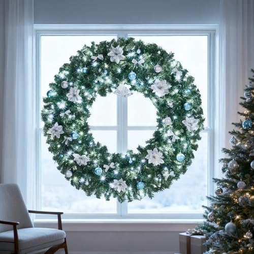 VINGLI 48 Inch Prelit Christmas Wreath Fireplace, Holiday Decor Blue Silver