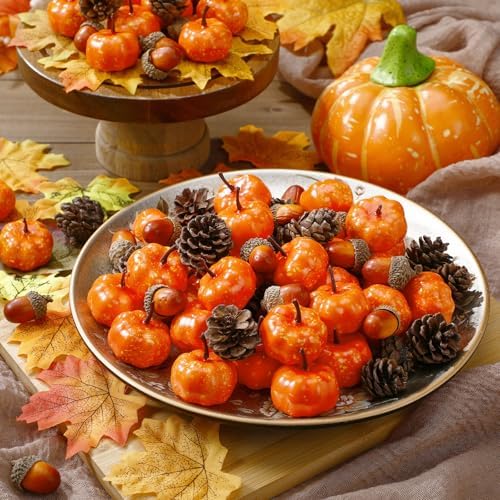 Yookeer 120pcs Fall Mini Pumpkins Artificial Acorn Pine Cone, Classic Color