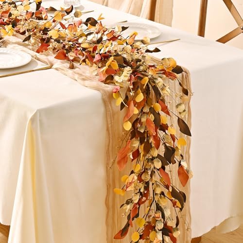 Waipfaru Fall Decor, 6FT Fall Garland with Lights Autumn Eucalyptus Leaves Lighted Garland Thanksgiving Harvest Festival Decoration for Home Mantle Porch Outdoor Indoor Wedding Window Wall Arch(2 PCS)