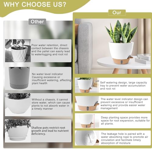 Self Watering Pots for Indoor Plants, 3 Pack 12/10/8 Inch, Large Planter with Water Reservoir, Modern Decorative Flower Pots for Home & Office White