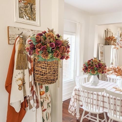 4 Pcs Fall Flowers Artificial Decoration, Silk Fall Bouquet Burgundy Orange