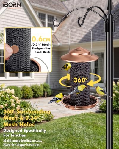 iBorn Wild Bird Feeder for Outside, Tube Bird Feeder for Finches with 3-Fold Stands, Mesh Body, Easy-Clean Detachable Base, 1.5L Small Seed Feeder for Yard and Garden, Copper, Pack of 1