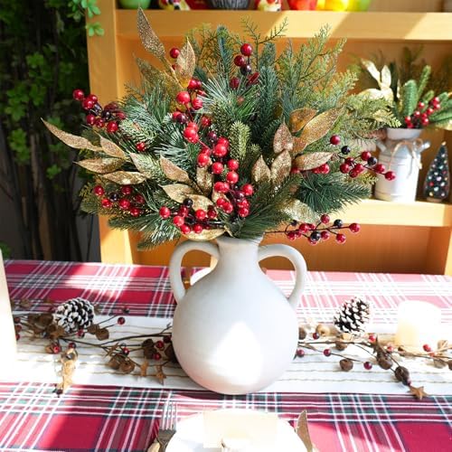 Winlyn 70 Pcs Assorted Christmas Greenery Stems Artificial Pine Branches Evergreen Cedar Picks Red Berry Stems Pine Needles Glitter Leaf Sprays 5.9"-12.7" for Holiday Trees Floral Arrangements Wreaths