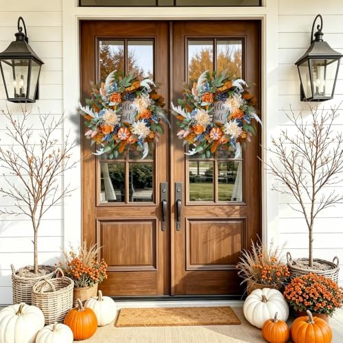 Harvest Fall Wreaths for Front Door 24 Inch Autumn Wreath with Rose&Dahlias