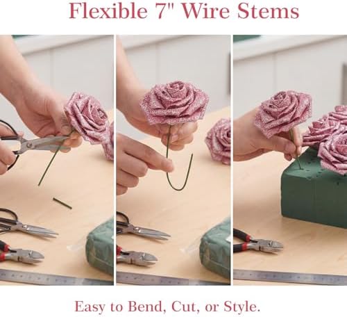 30PCS Pink Glitter Artificial Roses with Stems, Real Touch Foam Flowers
