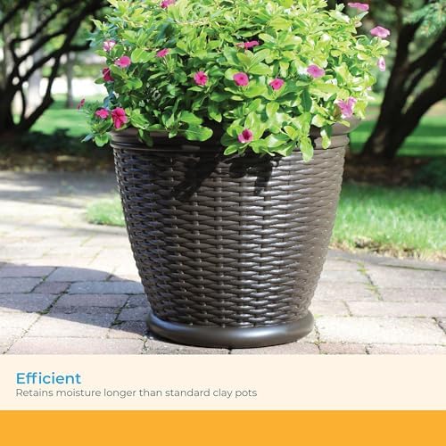 Suncast 3 Pack Wicker Planter w/Drillable Drain Holes, Decorative Indoor/Outdoor Pot, 18in, Java