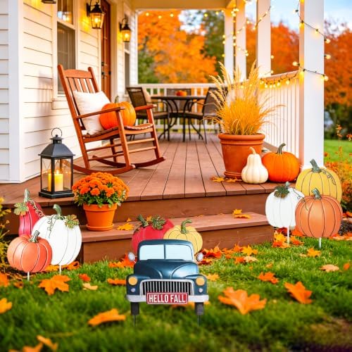 Fall Outdoor Garden Stake Decor, 36.6" Stacked Pumpkin Truck Yard Sign