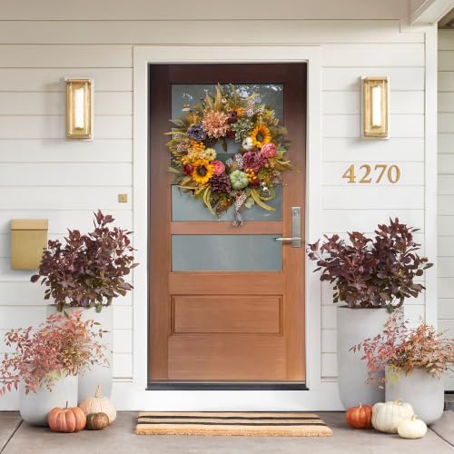 Fall Wreaths for Front Door 24 Inch Autumn Wreath with Pumpkins, Sunflowers