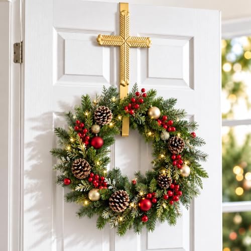 Frienda 15.7" Metal Gold Cross Wreath Hanger for Front Door Wreath Hooks