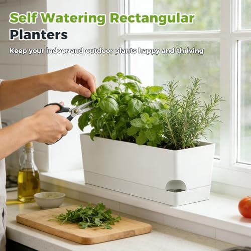 2 Pack Self Watering Pots for Indoor Plants 17 Inches Window Boxes Planters Rectangular Flower Pots Rectangle Herb Pots Large Plant Pots with Drainage Holes and Saucers Windowsill Planter, White