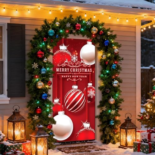 Merry Christmas and Happy New Year Door Cover, Elastic Xmas Front Door Sleeve Christmas Ball Photography Background Banner Holiday Decor(Style 8)