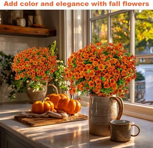 AXYLEX Artificial Mums for Outdoors Fake Fall Flowers Red Orange 16 Pack