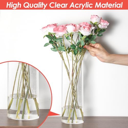 Tall Vases for Centerpieces, Clear Acrylic Cylinder Vase, 4" W x 12" H Round Vase, Decorative Centerpieces Flower Vases for Wedding, Home