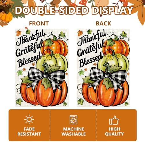 Thanksgiving Garden Flag 12x18 In, Pumpkin with"Thankful Grateful Blessed"