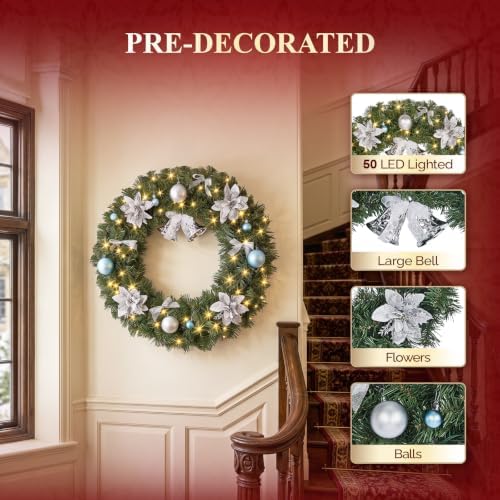 VINGLI 24 Inch Pre Lit Christmas Wreath with 50 LED Light, Battery Operated