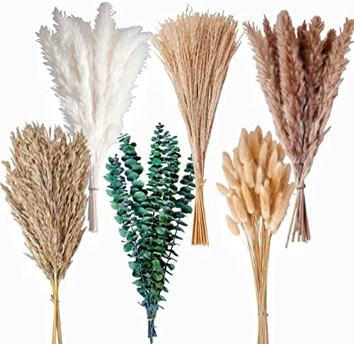 110 PCS of Boho Pampas Grass Decor, Naturally Dried Pompas, Bunny Tails Dried Flowers, and Dried Eucalyptus. Perfect for Weddings, Boho Party Decorations, and Table Decor. (Pack of 2)
