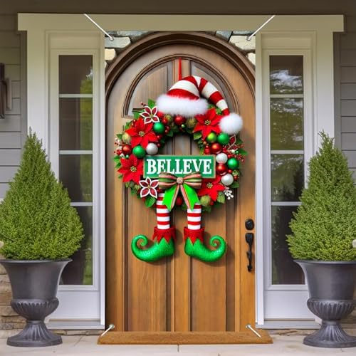 BlissYard Christmas Door Cover Believe Elf 35x71 Inch Polyester