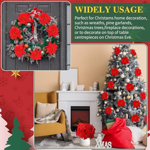 9 Pack Christmas Artificial Poinsettia Flowers 7 Heads Red Flower