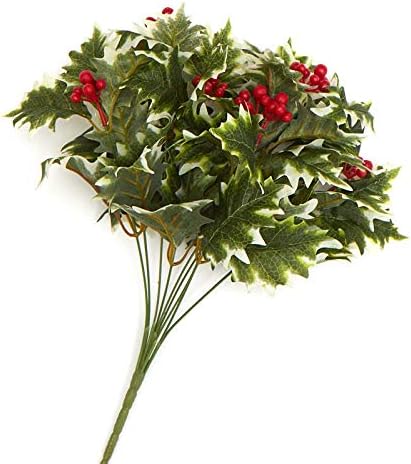 Factory Direct Craft Weather Resistant Artificial Variegated Holly and Berry Bush - Fake Holly for Indoor and Outdoor Christmas Arrangements and Holiday Decorating (18 Inches High)