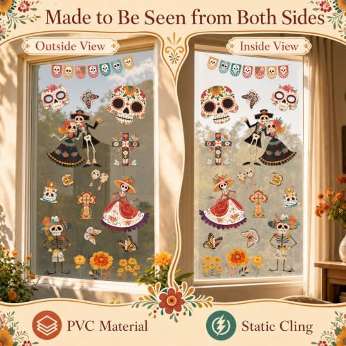 9 Sheets Day of The Dead Window Clings Dia De Los Muertos Decorations Decal