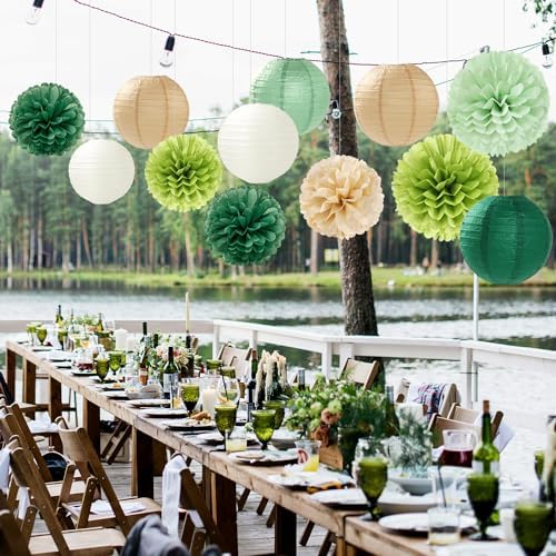Sage Green-Boho Party-Decorations Paper Flowers Lanterns - 15PCS Birthday Gender Neutral Baby Shower Tissue Pom Poms Streamers, Champagne Gold Rustic Wedding Graduation Hanging Supplies Decor Hugfond