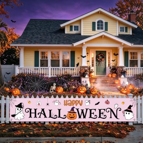 Happy Halloween Banner Outside Halloween Decorations Pink Yard Party Sign