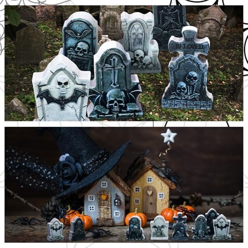 Kathfly 9 Pcs Halloween Tombstones Figurine Mini Village Tombstone, Spooky