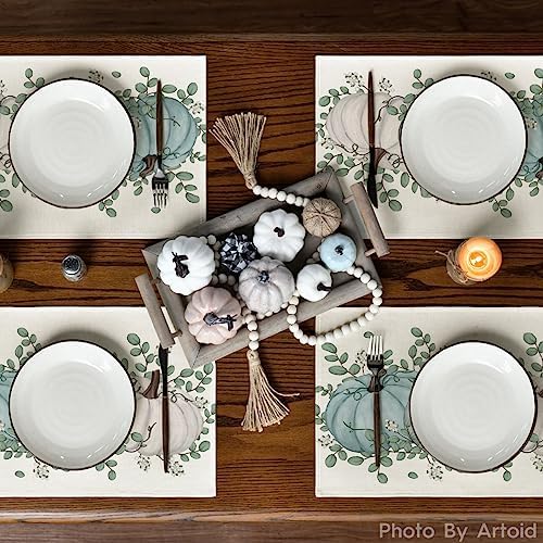 Artoid Mode Pumpkins Eucalyptus Leaves Fall Placemats Set of 4, 12x18 Inch Autumn Thanksgiving Holiday Table Mats for Party Kitchen Dining Decoration