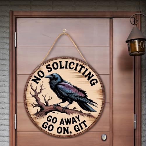No Soliciting Wood Hanging Sign for Front Door, Crow Gifts Go On Git Door Sign